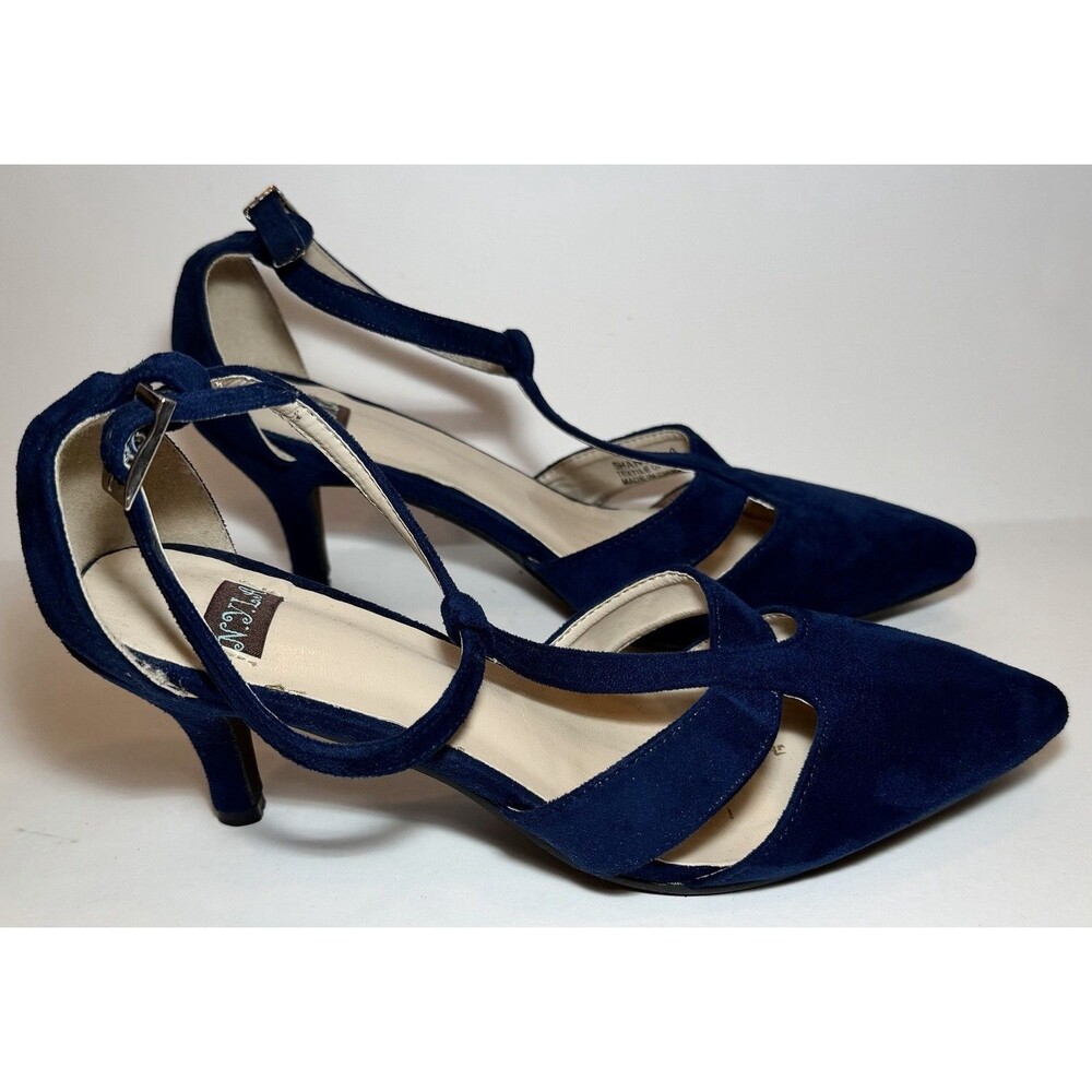 ModCloth Classy Mastery NYLA Shantal Navy T Strap Pointed Toe Heels Sz 9